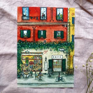 Handgemalte Postkarte Café (Aquarell, A6)