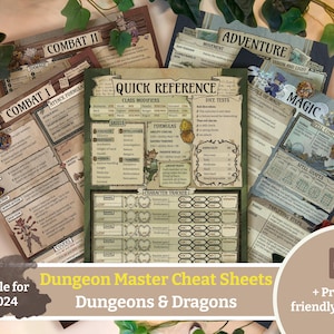 Peut inclure: Feuilles de triche pour Maître du Donjon de Dungeons & Dragons, avec des sections sur le combat, l'aventure et la magie. Les feuilles ont une esthétique vintage avec des tableaux et du texte détaillés, pour 5e 2024. Version PDF et imprimable.