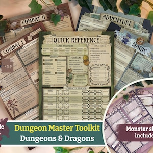 Puede incluir: Un conjunto de hojas de Dungeon Master Toolkit para Dungeons & Dragons, que incluyen referencias de combate, aventura y magia. Las hojas presentan gráficos detallados, fórmulas y rastreadores de personajes. El texto "Dungeon Master Toolkit Dungeons & Dragons" es visible.