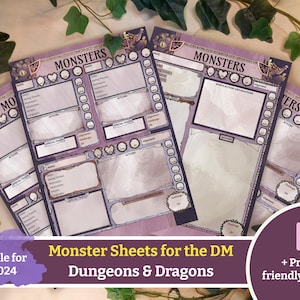 May include: Purple and white monster sheets for Dungeons & Dragons. The sheets have sections for name, saving throws, actions, and special traits. Text on the sheets reads "MONSTERS". The image also includes text that says "Monster Sheets for the DM Dungeons & Dragons".
