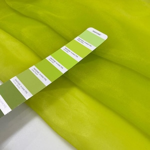 May include: A vibrant green fabric sample with a Pantone colour guide. The guide shows various shades of green, such as "Love Bird," "Acid Lime," and "Lime Punch." The fabric has a translucent appearance.
