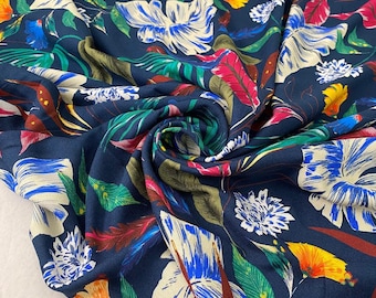 Blue Tropical Printed Viscose, Soft Flowing Material for Dresses Trousers Skirts, 146cm Width