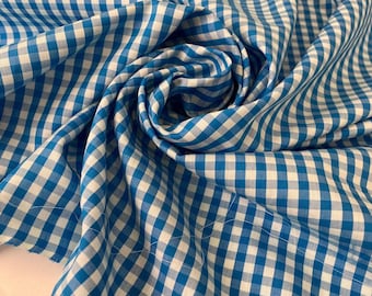 Blue Small Check Cotton Poplin Fabric 150cm Wide Soft Lightweight Cloth Italian Designer Deadstock