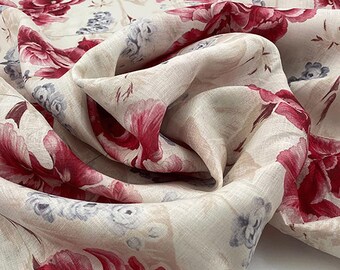 TESSUTO ALTA Moda Deadstock Elegante estampado floral LINO italiano, rojo y azul sobre crema – Ideal para diseño de moda