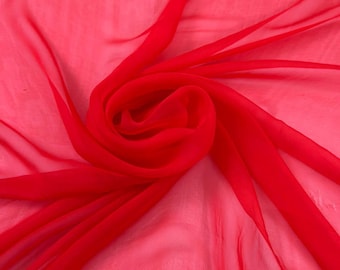 Red Silk Chiffon Fabric | 155cm Sheer Sewing Overlay Dress | Italian Deadstock