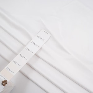 Peut inclure: Un tissu blanc avec des plis doux, accompagné d'un nuancier Pantone. Le nuancier présente différentes nuances de blanc, dont "Bright White" et "Cloud Dancer". L'image suggère un accent sur les textiles ou le design.