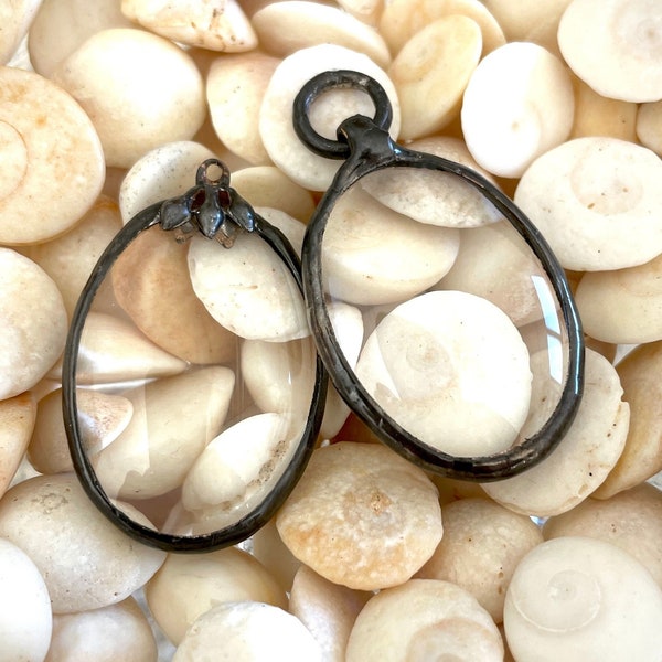 Hand Soldered Clear Glass Cabachon Charms - Black edging  - Selection -Drops, fob ends, pendant. Magnification. Made in Oregon