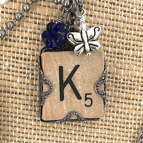 Scrabble Tile  Pendant Necklace. Personalize accents and letters. Long Adjustable Chain. Butterfly Flower Heart Pearl