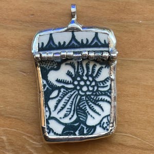 Pottery Shard Pendant: Soldered edging and Bead accents Blue Made in Pacific NW