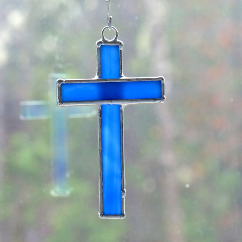 Small Stained Glass Cross Suncatcher or Ornament in Sky Blue Etsy
