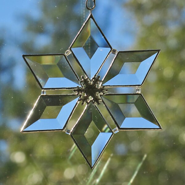 Beveled Glass Soldered Snowflake - Sunburst - Star - Holiday Decoration - stained glass
