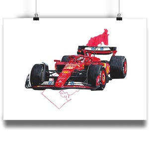 Può includere: Illustrazione di un'auto da corsa di Formula 1 rossa con pneumatici neri e loghi degli sponsor. L'opera d'arte include un contorno rosso di una mappa ed è visualizzata su sfondo bianco. L'immagine è tenuta da due clip nere.
