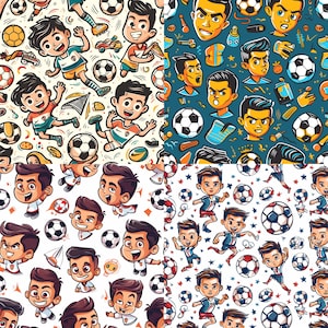 May include: A seamless pattern featuring cartoon illustrations of soccer players, soccer balls, and other soccer-related objects. The pattern is in a bright, colorful style and is perfect for use on fabric, wallpaper, or other surfaces.