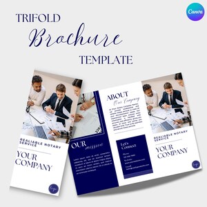 May include: A trifold brochure template for a notary service. The brochure features a blue and white colour scheme with a photo of three people working at a desk. The text on the brochure includes "Reliable Notary Service", "Our Mission", "About Our Company", and "Let's Connect".