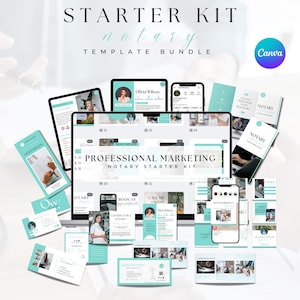 May include: A collection of digital marketing templates for a notary business. The templates are designed in a light blue and white color scheme and feature a variety of designs, including social media posts, email templates, and website banners. The templates are designed to help notaries promote their services and attract new clients.