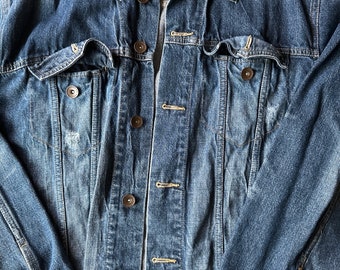 Vintage Men’s Denim Jacket X-Large Roebuck Jean Jacket Oversized 1220 Vtg Men Rugged Jeans button up 1980s distressed