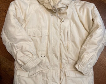 Vintage oversized women’s Goose Down Eddie Bauer Jacket Ivory Snow line Hoodie Zip Up Long Coat