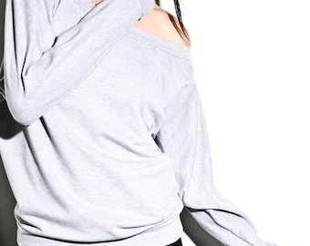 Off Shoulder Sweatshirt Women, Oversized Dolman Sleeve Sweater, Slouchy One Shoulder Top Grey