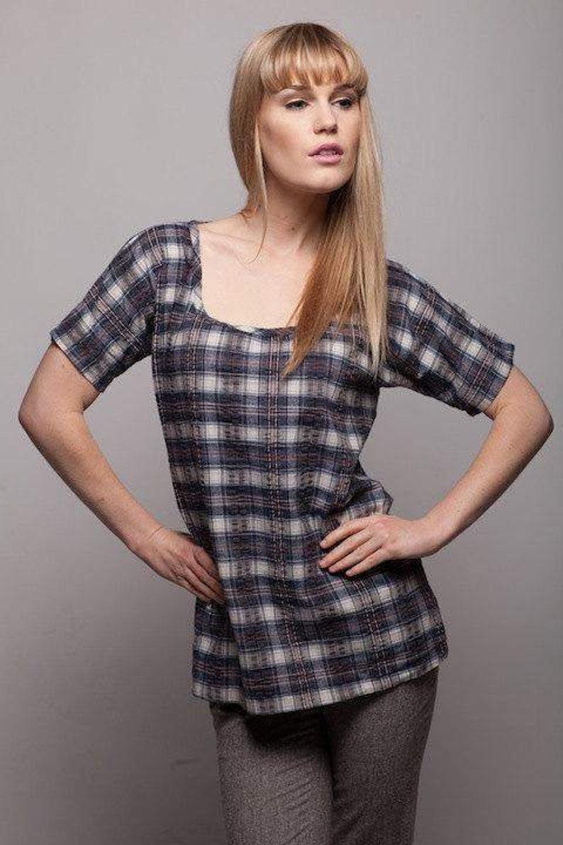 Summer Special Plaid Cotton Womens Top Blue Tops for Womens Unique Fashion Shirts Stripe Plaids image 1