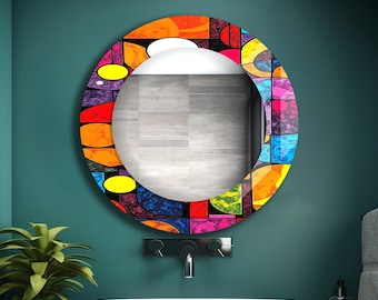 Espelho de parede grande redondo em vidro temperado com tema abstrato: decoração para banheiro e sala de estar moderna
