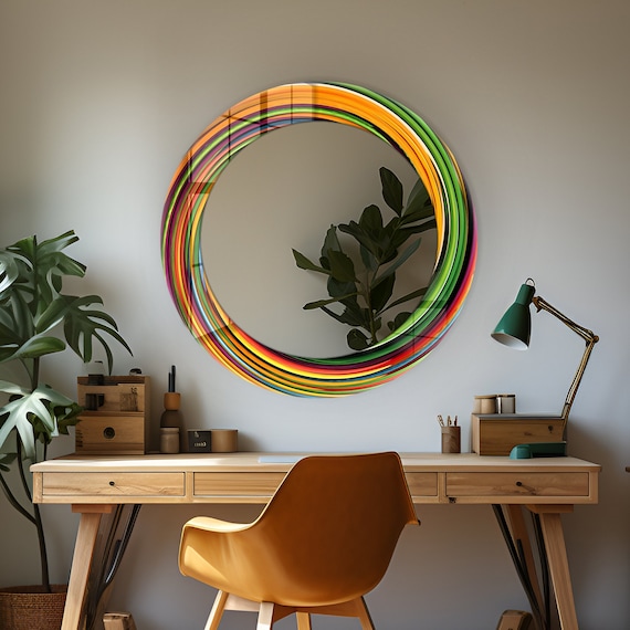 Orange & Green Swirl Tempered Glass Wall Mirror: Colorful Home Decor