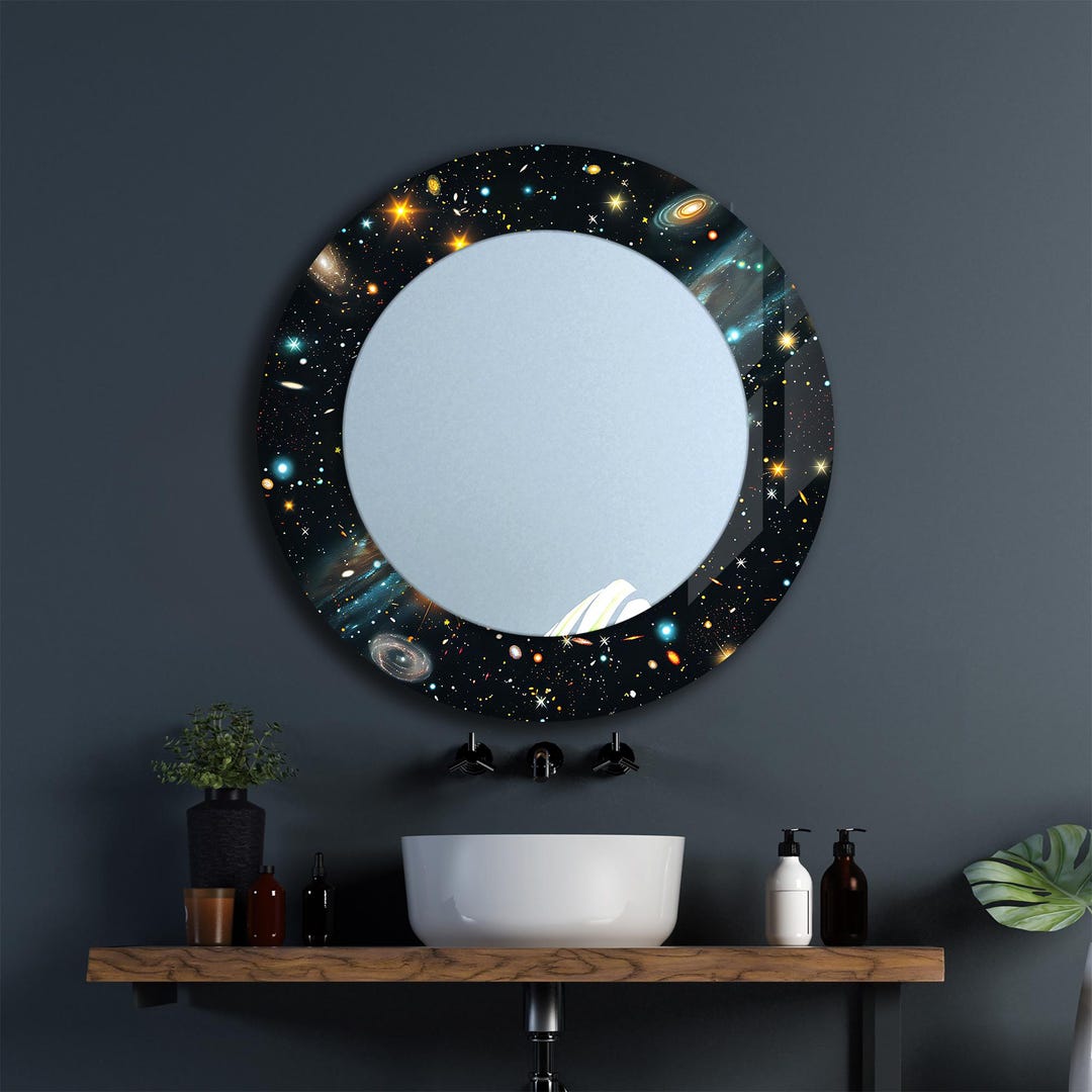 Abstract Black Color Round Wall Mirror: Tempered Glass, Bathroom and ...