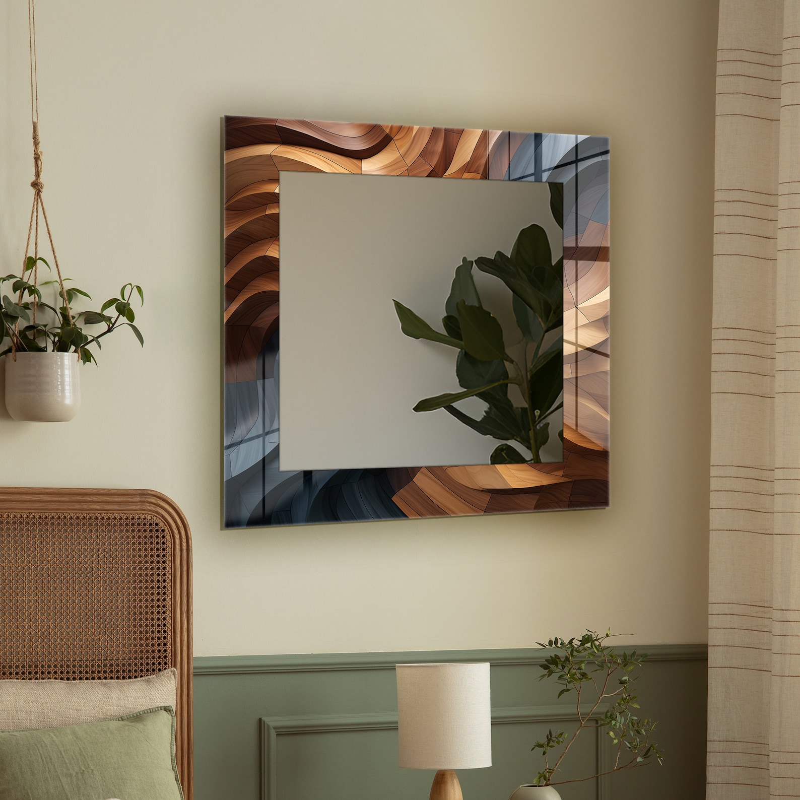 Curvy Wood Theme Wall Mirror Decor, Living Room Mirror, Vertical Mirror