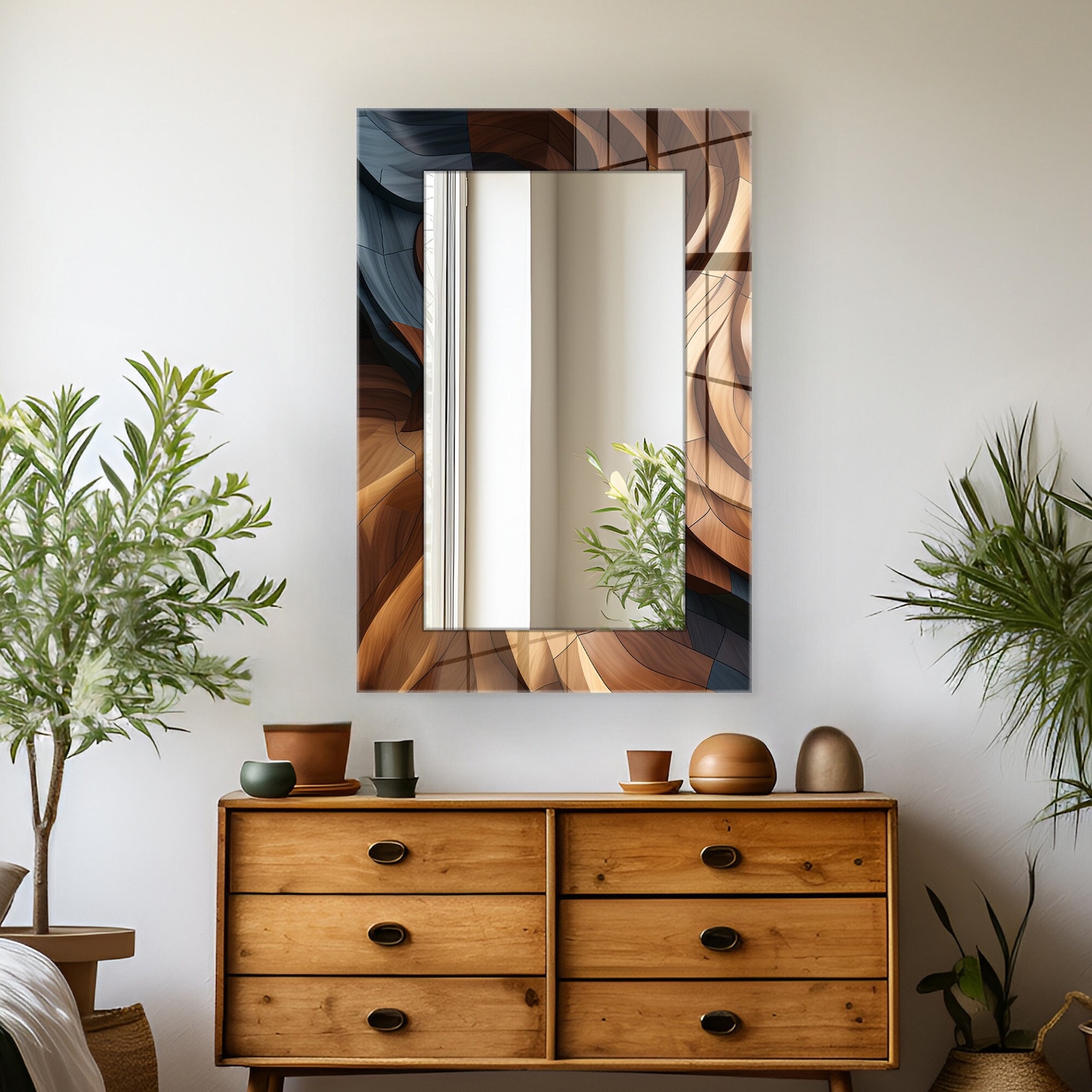 Curvy Wood Theme Wall Mirror Decor, Living Room Mirror, Vertical Mirror
