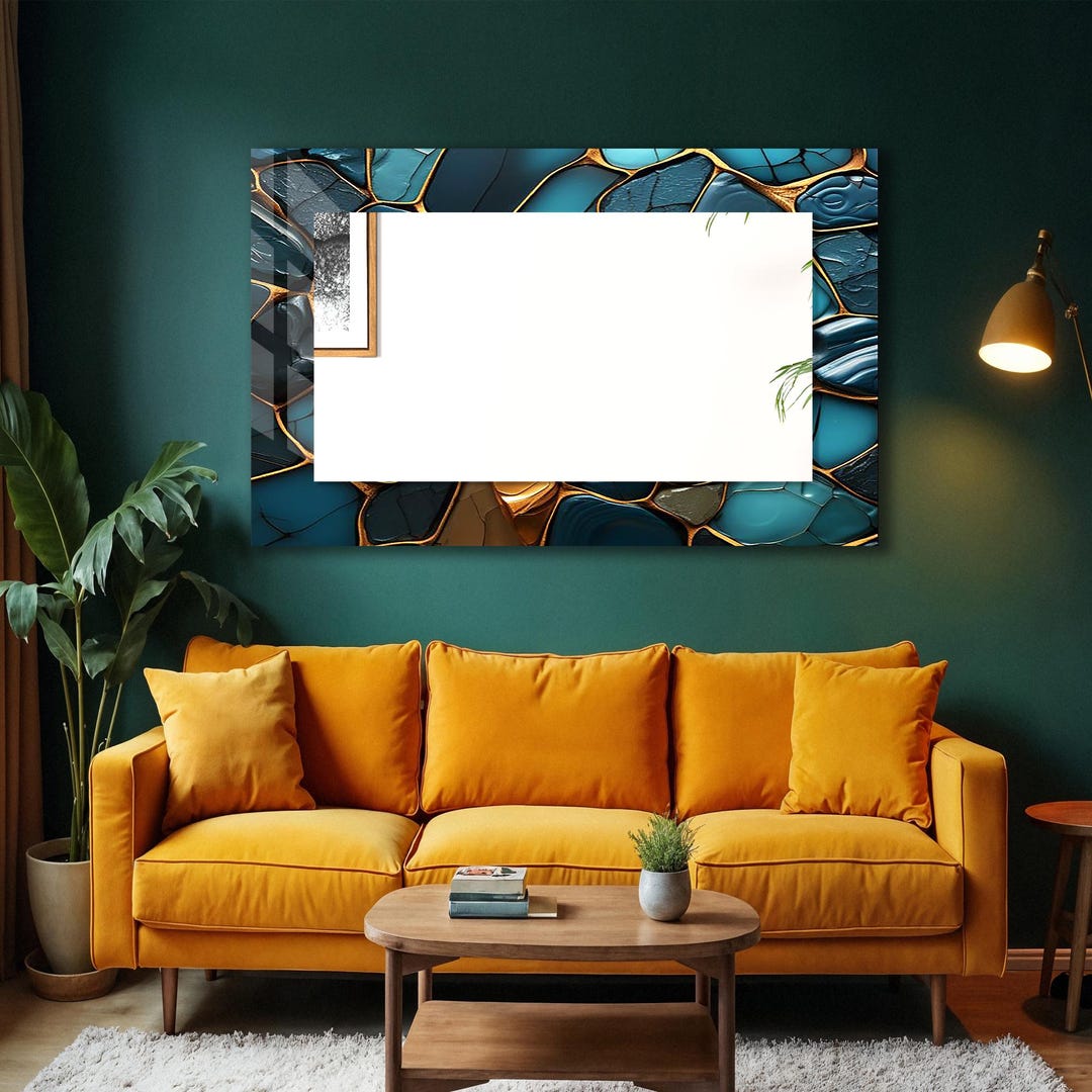 抽象的な幾何学模様の強化ガラス製ウォールミラー：リビングルームの