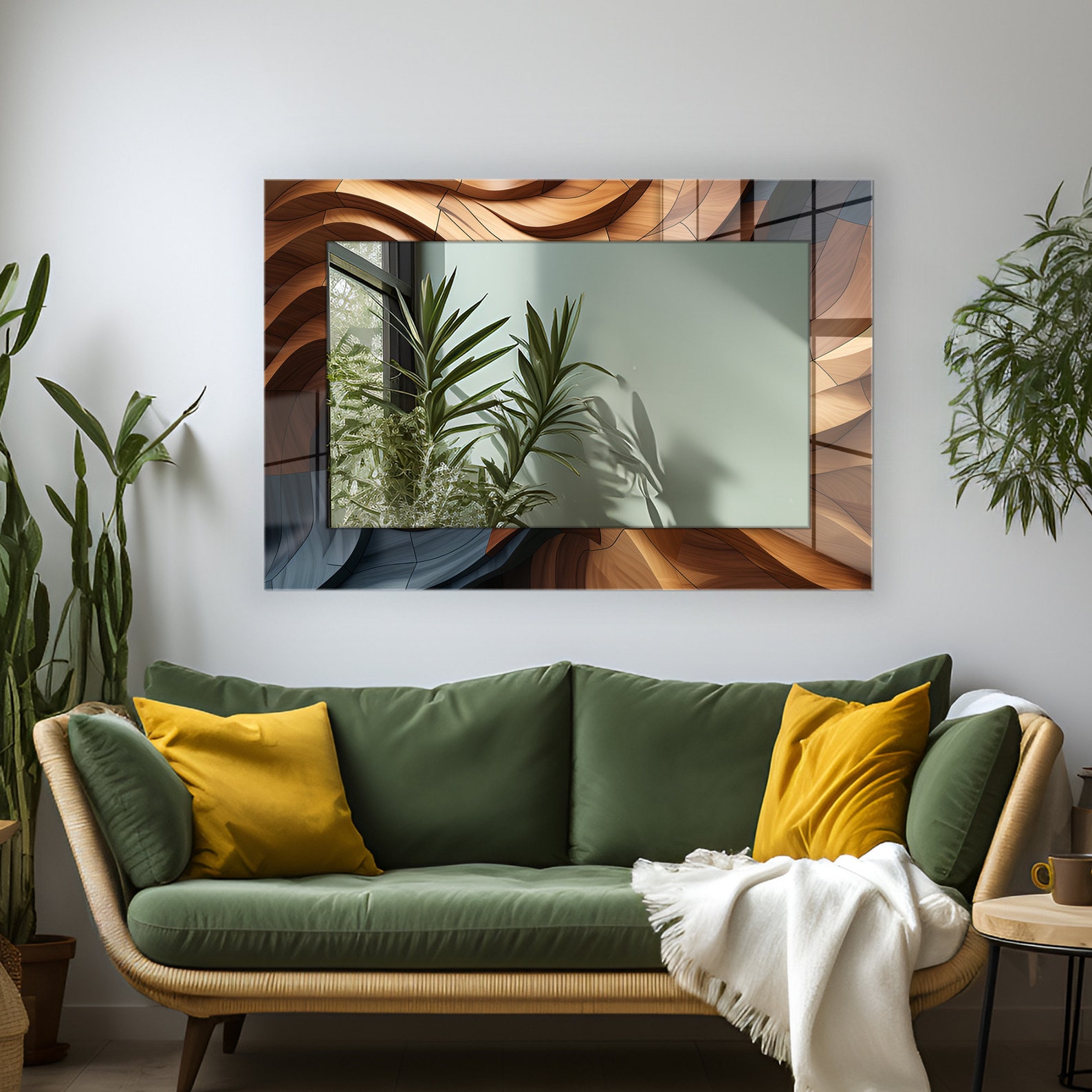 Curvy Wood Theme Wall Mirror Decor, Living Room Mirror, Vertical Mirror