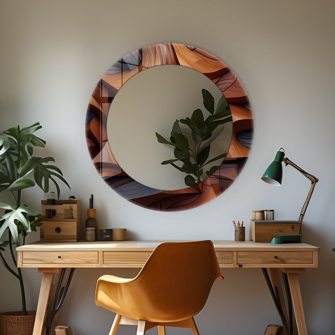 Curvy Wood Theme Round Wall Mirror: Tempered Glass Decor - Etsy