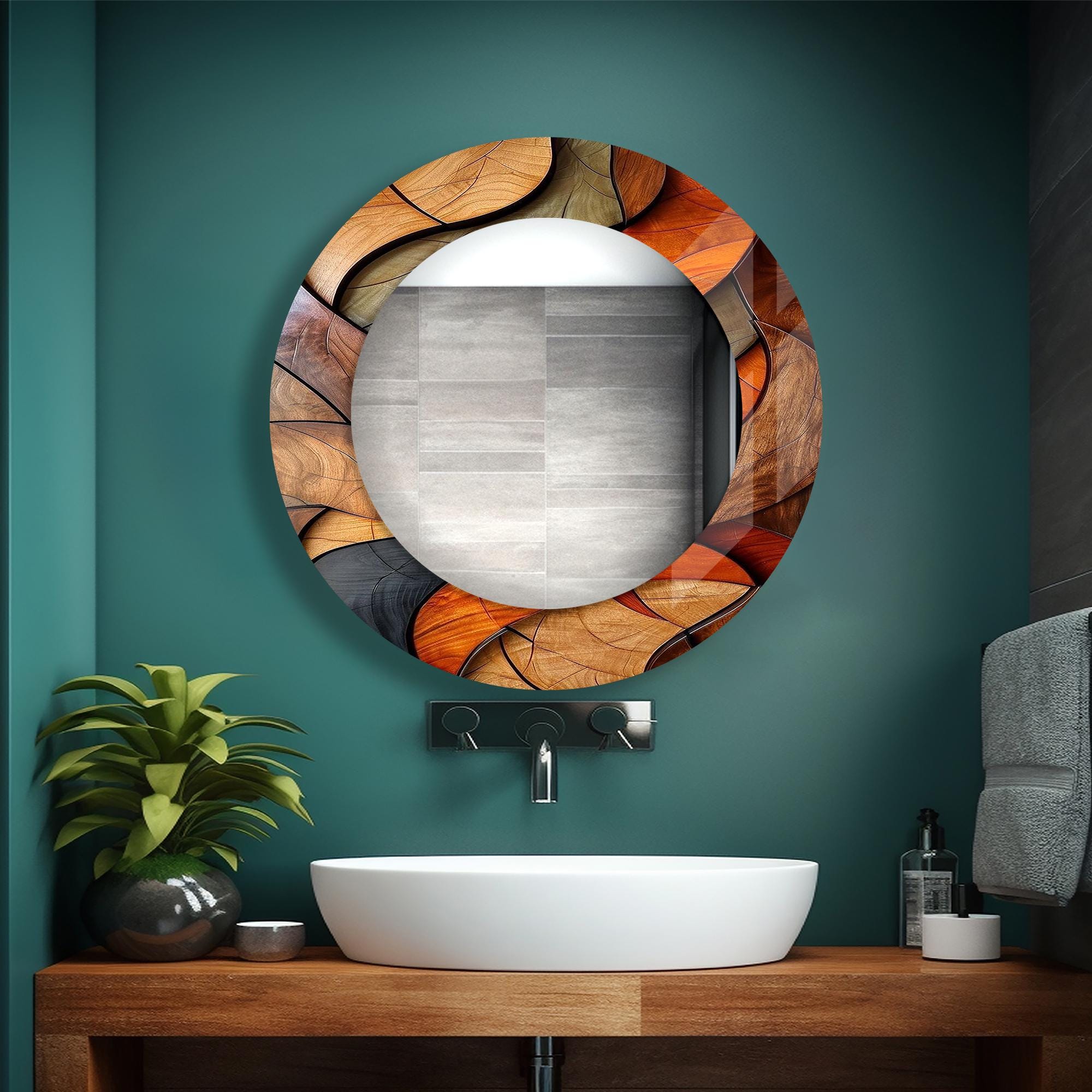 Wood Theme Wall Mirror Decor, Living Room Mirror, Round Mirror Wall Decor for Bathroom, Glass Mirror Decor for Entryway, Mirror Decor