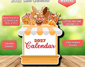 2027 A year of Bread & Pastries Mini Calendar Printable | Bakery Kitchen Decor | Instant Download