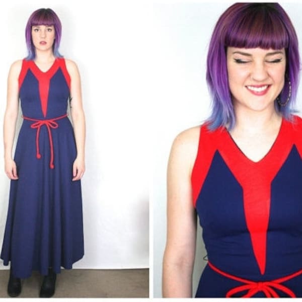 70s Nautical Maxi Dress / Mod Navy Blue and Red Colorblock Festival Maxi Dress / Size S/M Small Medium