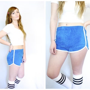 70s Terry Cloth Athletic Booty Shorts Vintage Blue Fuzzy Adidas Style Roller Disco Hot Pants Size L Large