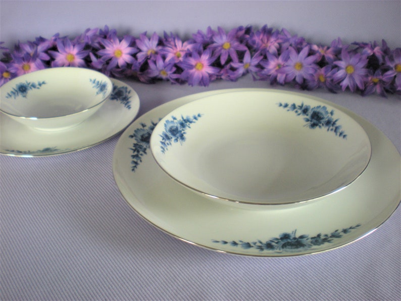 Eschenbach Blue and White China Danish Blue Platinum Trim Soup Bowls Salad Bowls Vintage Fine China