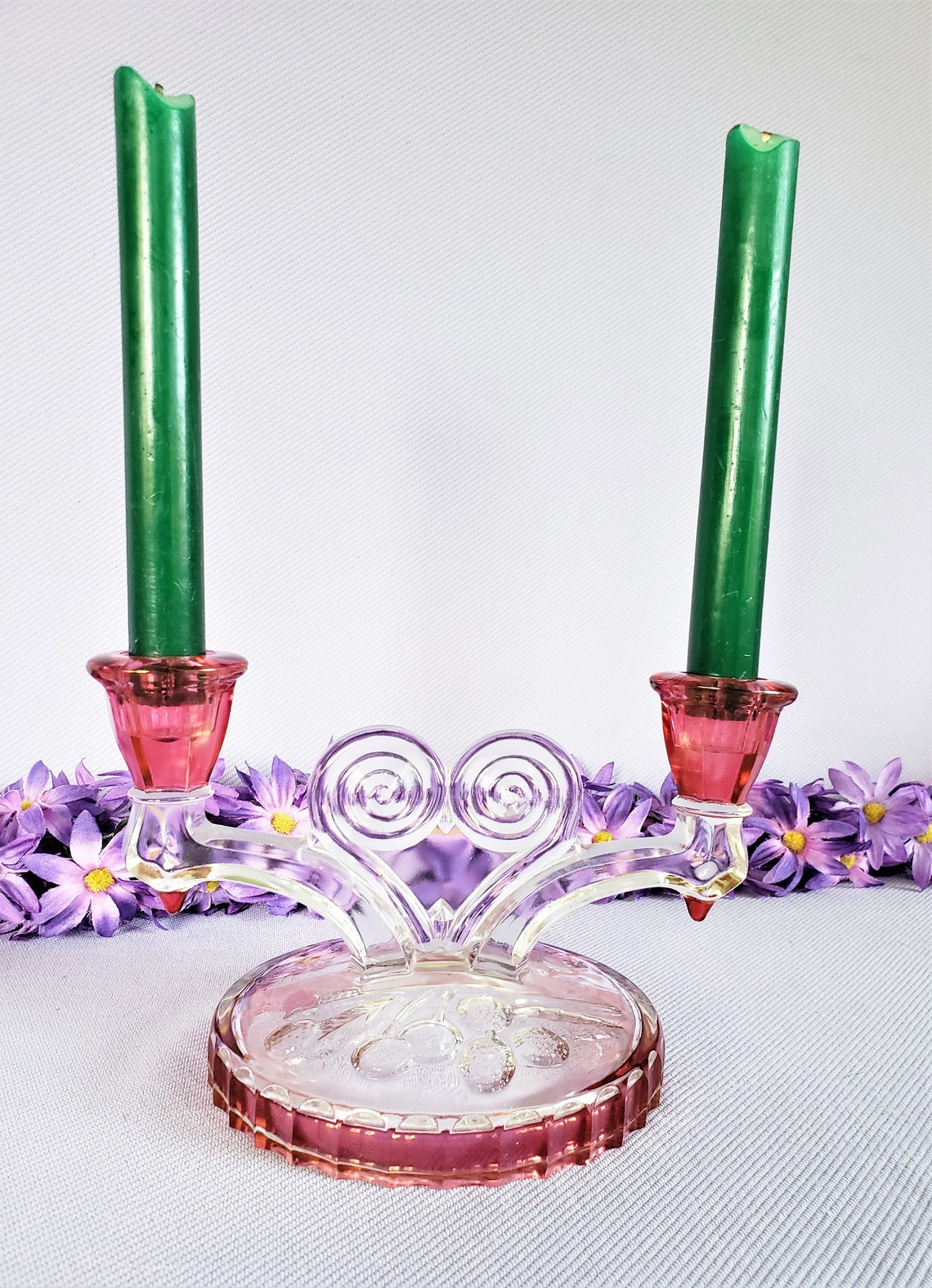 Vintage Cranberry Glass Pressed Glass Double Candle Holder Etsy