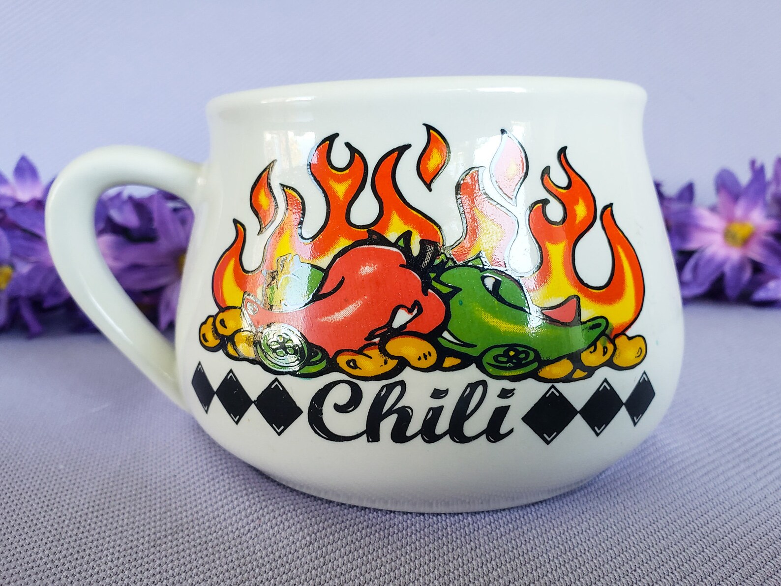 Vintage Chili Mug Large Soup Bowl With Handle Flaming Chili Etsy