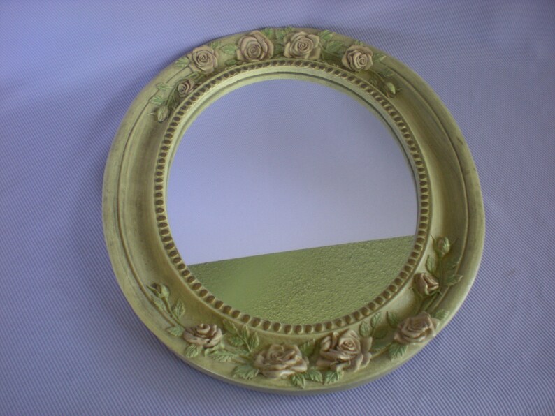 Round Framed Mirror White Oval Wall Pastel Rose Trim Shabby Chic Decor Granny Vintage Home