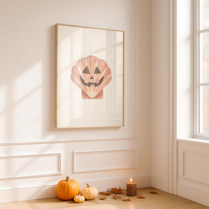 Seashell Jack-O-Lantern Print: Coastal Halloween Wall Art (Printable) image 3