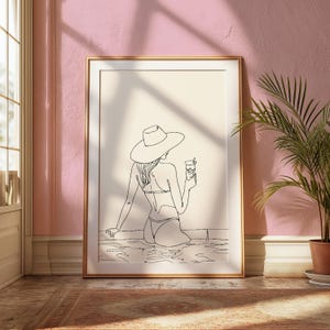 ビーチ風ウォールアート、アウトライン描画、海岸プリント、海岸カウガール、バーカートアート、ビキニプリント、トレンディな印刷可能なアート、デジタルダウンロード