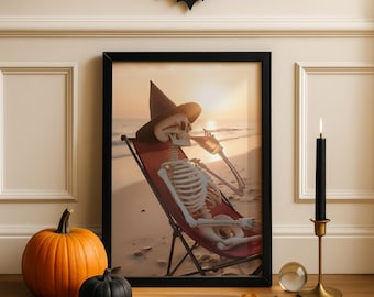 Beach Skeleton Art Print: Halloween Bar Cart Decor (Digital Download)