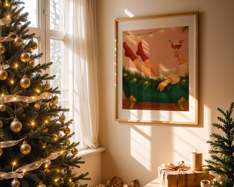 May include: A framed art print depicts a person relaxing in a green bathtub, holding a cocktail. The person is wearing red socks. The artwork is in a room with a Christmas tree and wrapped gifts.