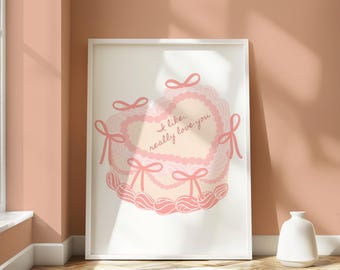 Valentijnsdag print harttaart: roze girly muurkunst, flirtprint (digitale download)