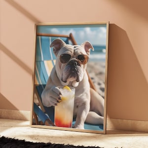 Bulldog kunst aan de muur, huisdier portret, beachy muur kunst, grappige hond kunst, bar winkelwagen kunst, zomer print, digitale download, afdrukbare kunst