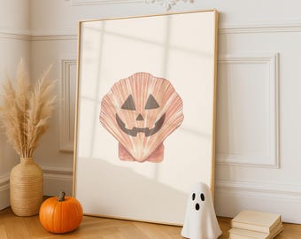 Seashell Jack-O-Lantern Print: Coastal Halloween Wall Art (Printable)