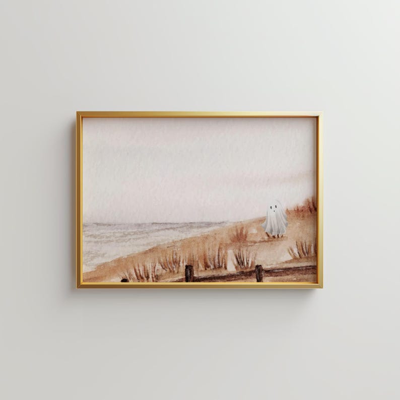 May include: A watercolor painting of a ghost standing on a beach with a wooden fence in the foreground. The sky is a soft pink and the sand is a light brown.