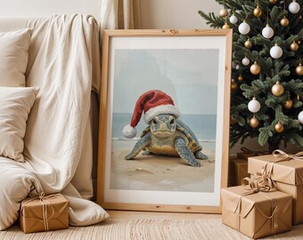 Coastal Christmas Wall Art, Turtle Oil Painting, Digital Download, Printable Art