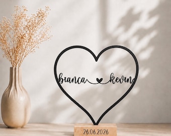 Personalized heart-shaped stand with names and date, including fairy lights, 3D print, line art stand, wedding, anniversary, 3D heart