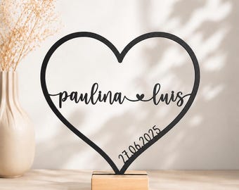 Personalized heart-shaped stand with names and date, including fairy lights, 3D print, line art stand, wedding, anniversary, 3D heart